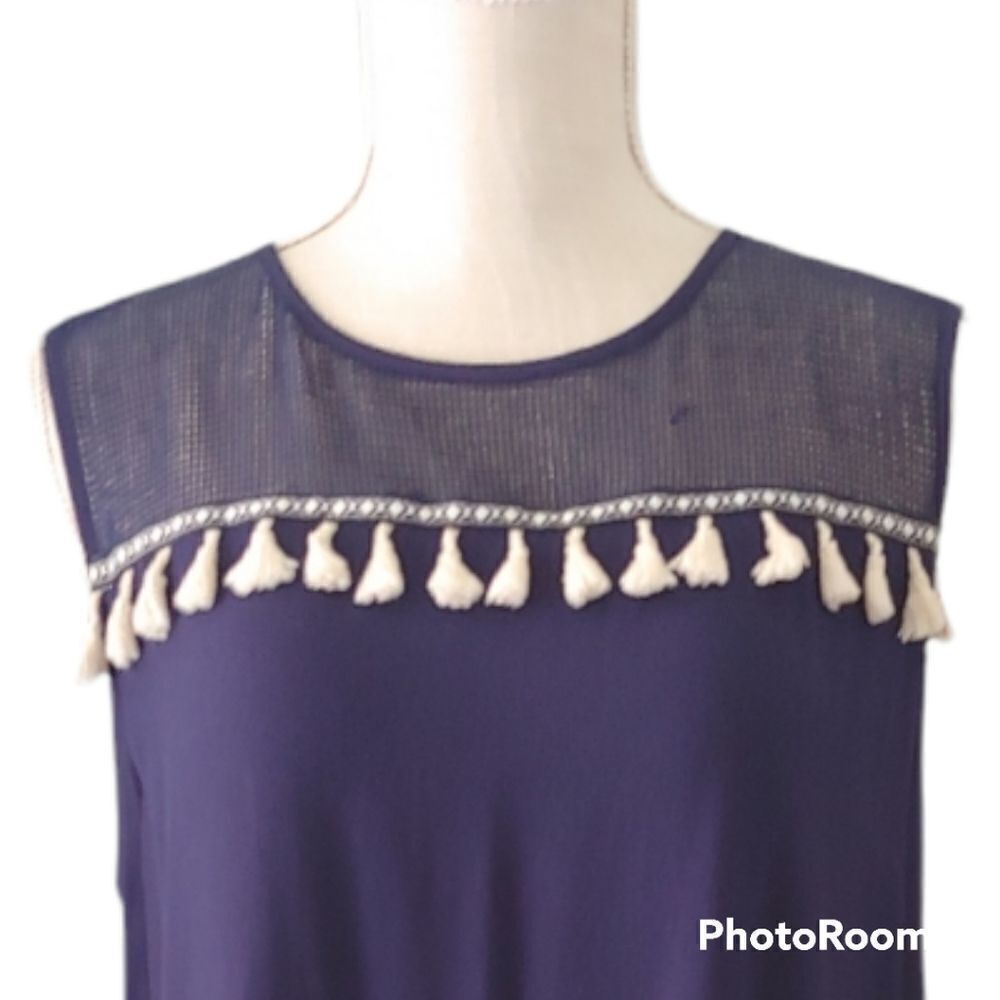 THML by Anthropologie navy blue tassel yoke keyhole back sleeveless sheath dress - Picture 3 of 6